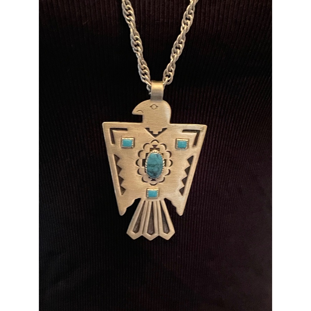 Vintage Bell Trading Post Thunderbird Necklace Nickel Silver Turquoise Pendant
